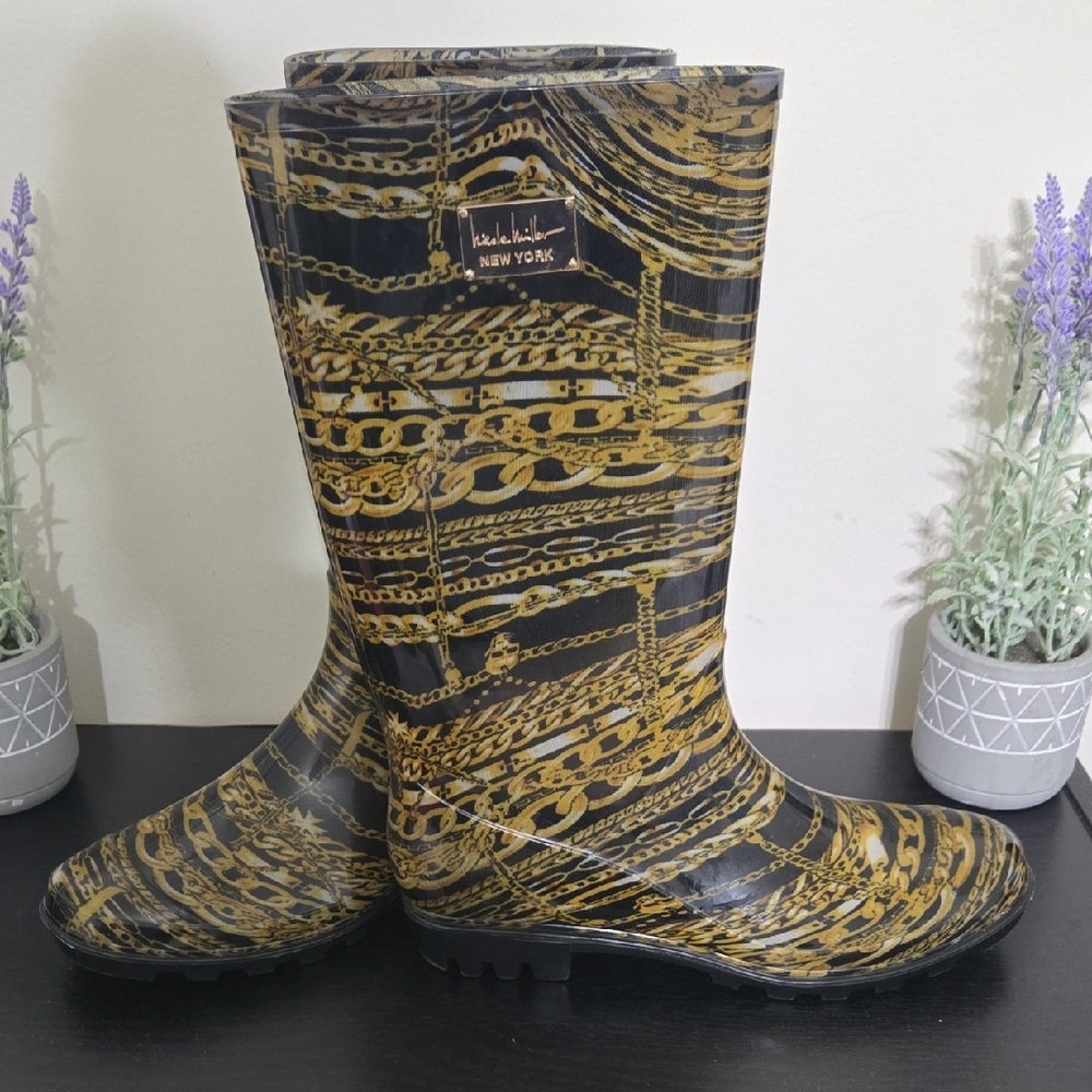 Nicole Miller Black and Gold Chain-Print Rain Boots